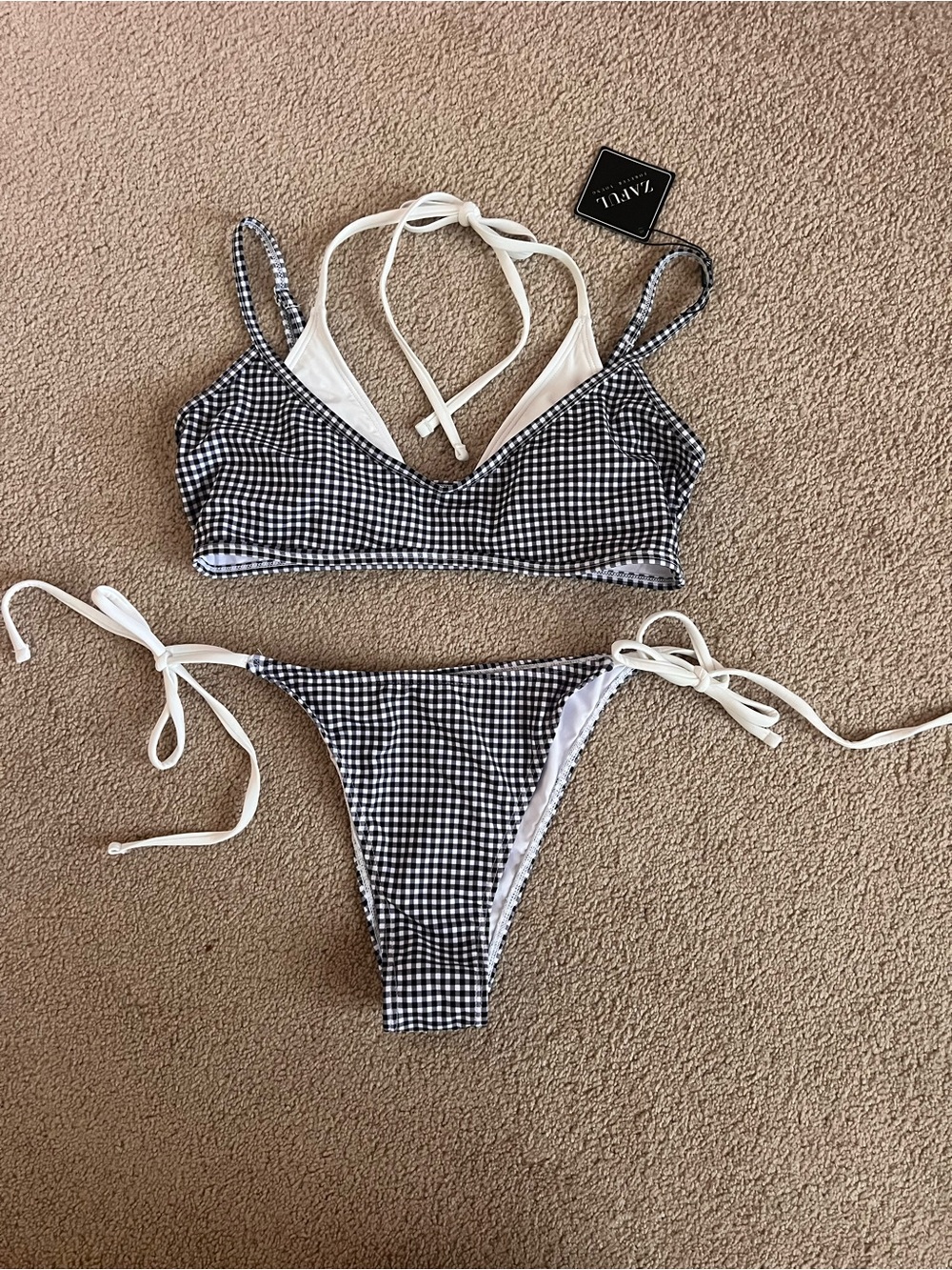 Zaful Black & White Gingham Tie-Side Bikini